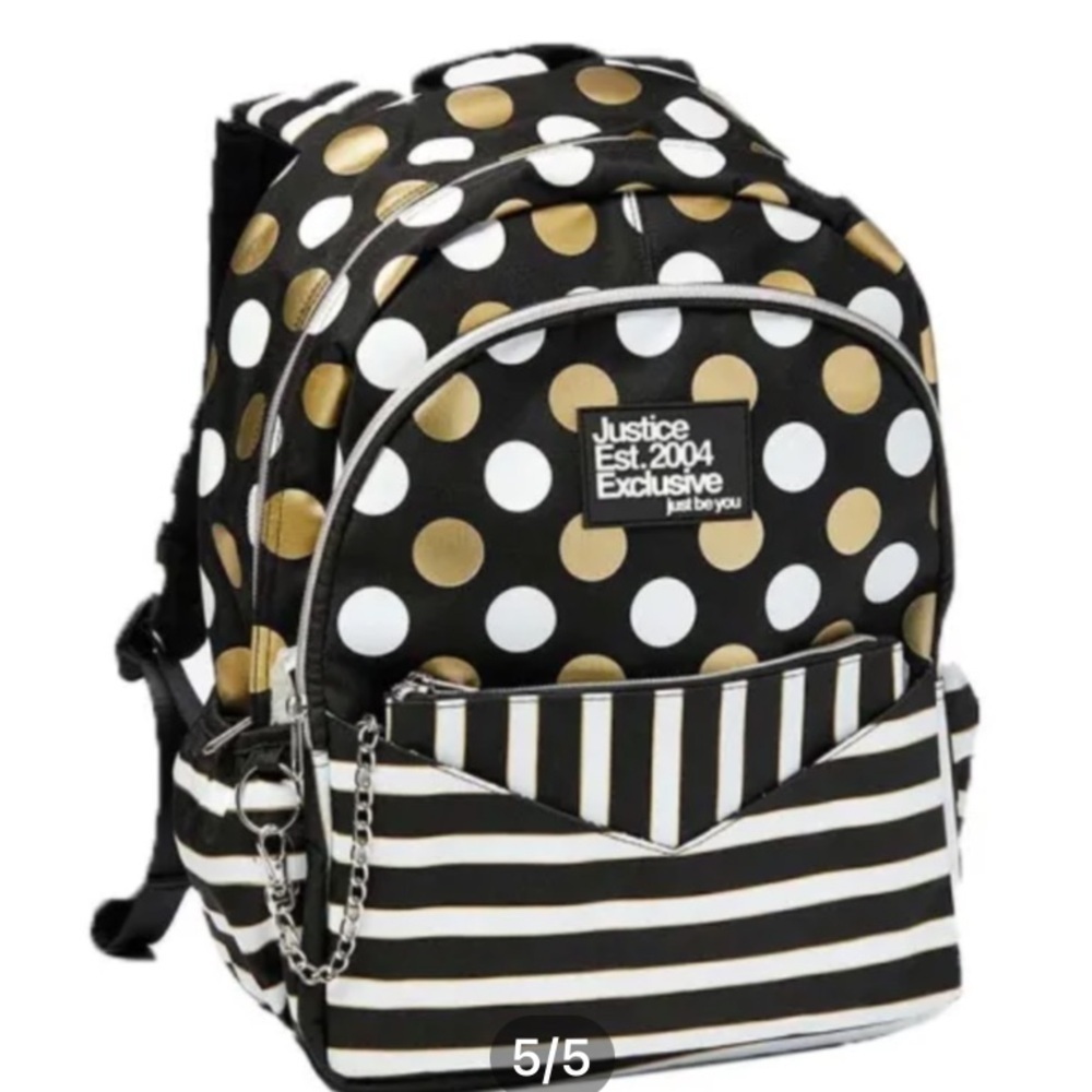 Justice  Exclusive "Just Be You" Gold & White Polka-dot & Strip Backpack bag - Picture 5 of 16